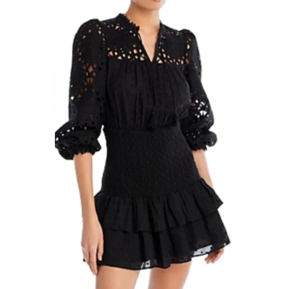 AQUA Eyelet Mini Dress Womens L Black Excellent Smocked Ruffle Balloon Sleeve